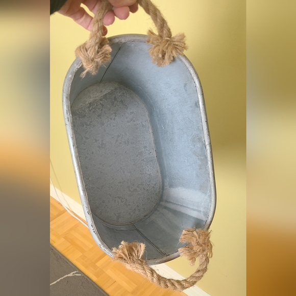 Rustic Galvanized Metal Bucket with Rope Handles - Picture 3 of 4